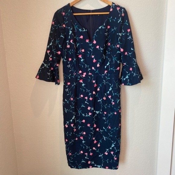 David Meister Navy Pink Floral Midi Length Shift Dress - Size 10 - EUC - Picture 2 of 7